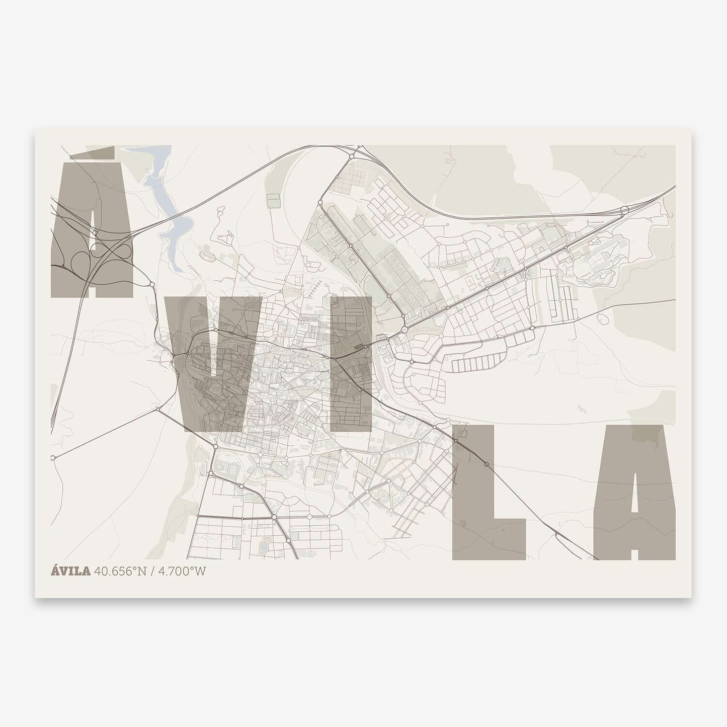 The map of Avila with letters of its name placed randomly, designed in light brown and an off-white background