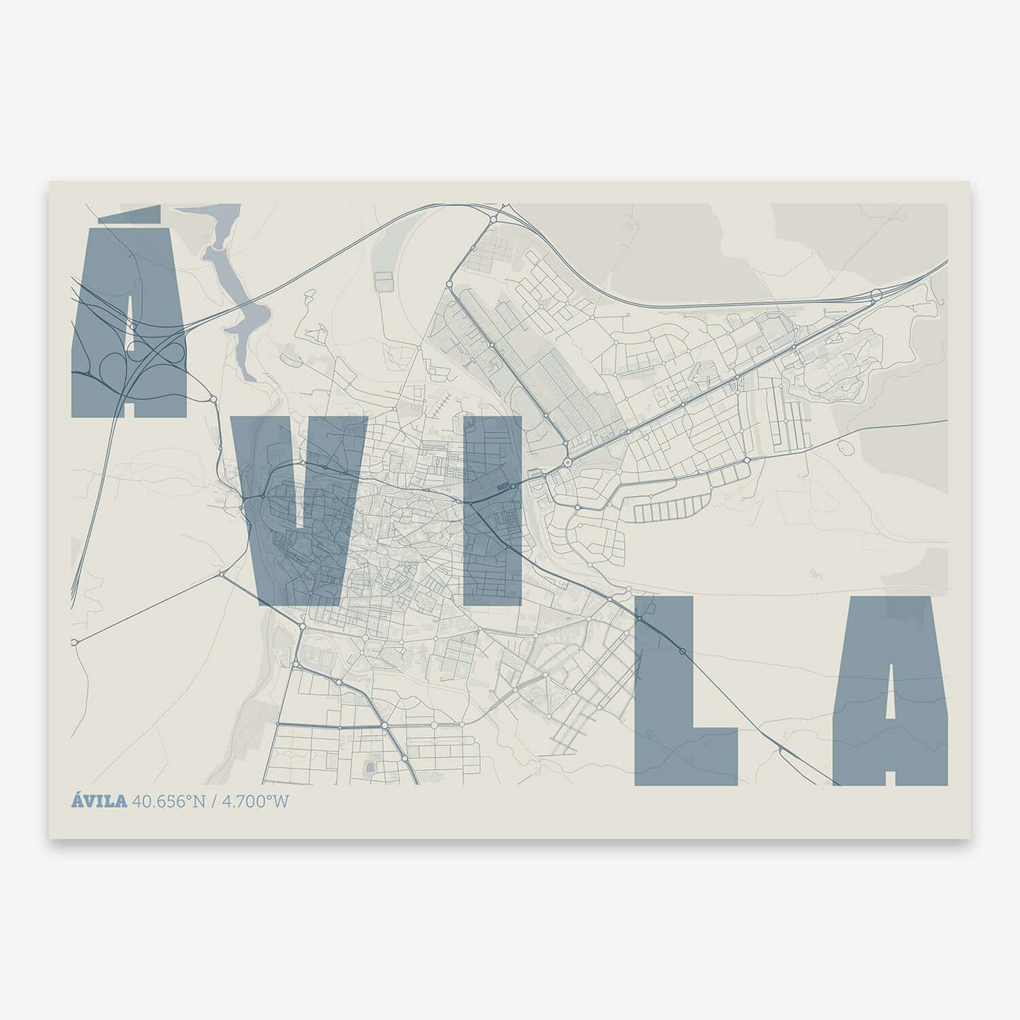 The map of Avila with letters of its name placed randomly, designed in bluish gray and an off-white background