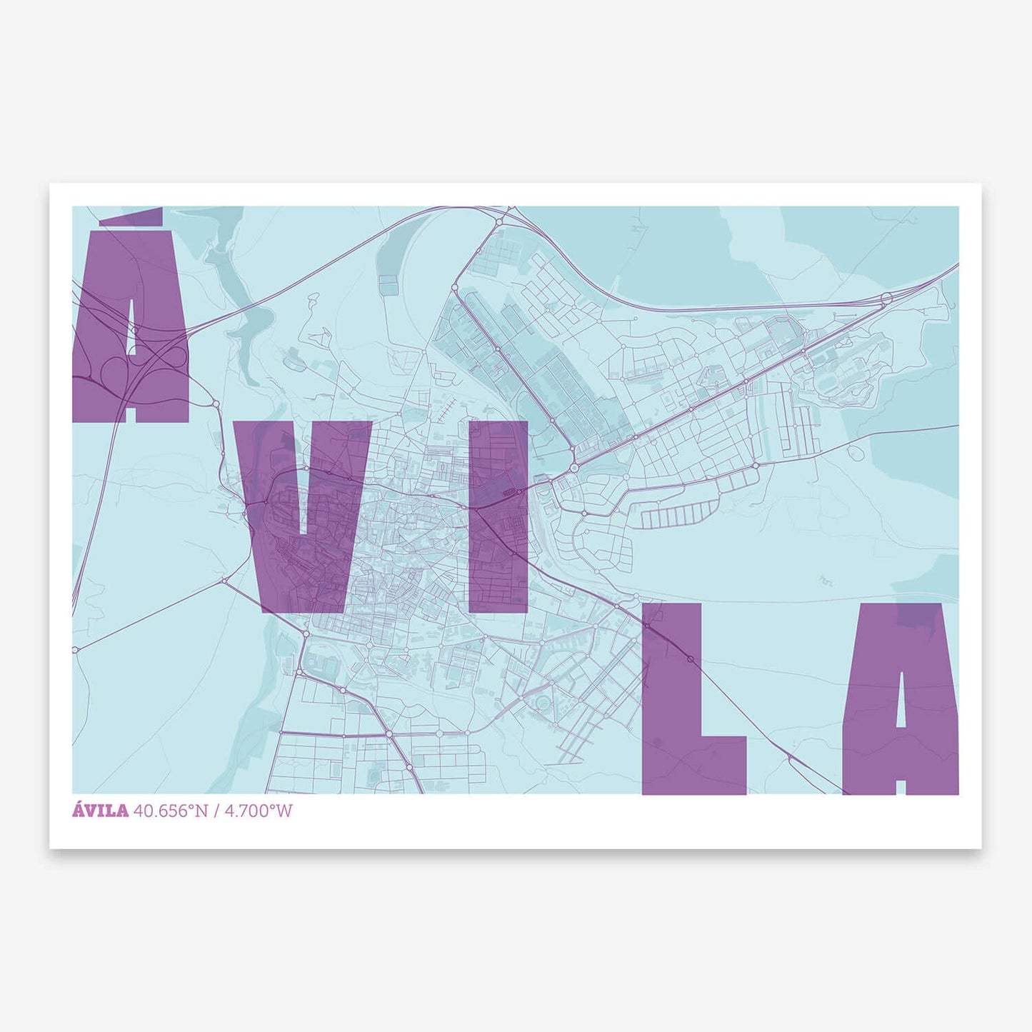The map of Avila with letters of its name placed randomly, designed in purple and light blue