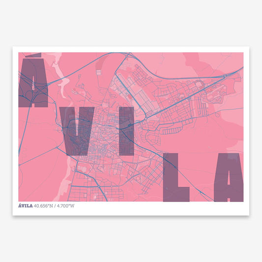 The map of Avila with letters of its name placed randomly, designed in violet y pink background