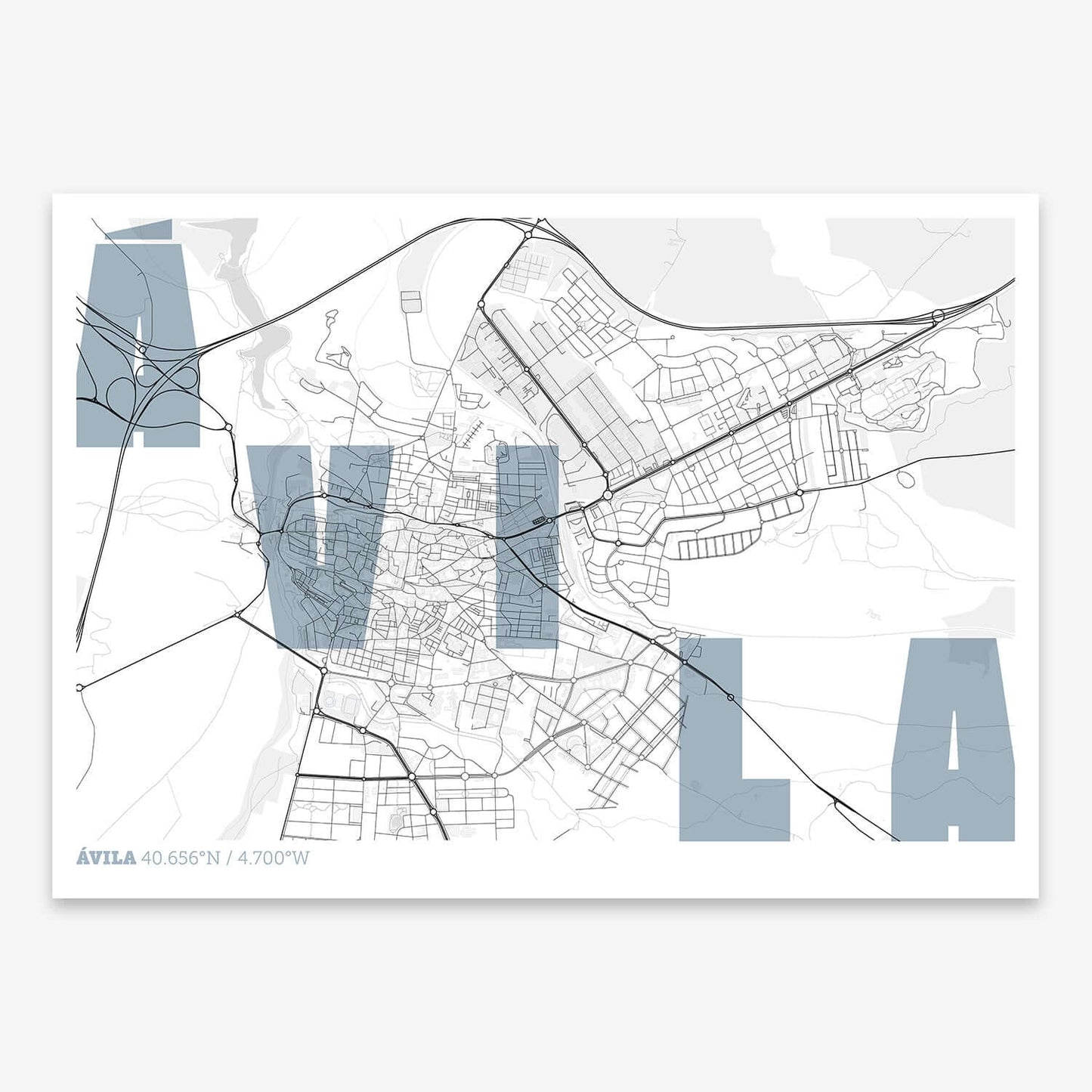 The map of Avila with letters of its name placed randomly, designed in black and white