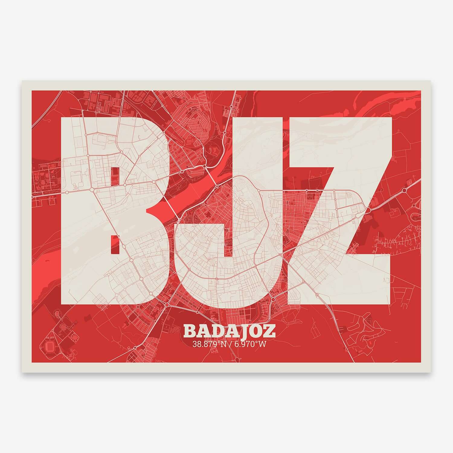 The map of Badajoz composed with letters in a heavy geometric font printed on red and an off-white background