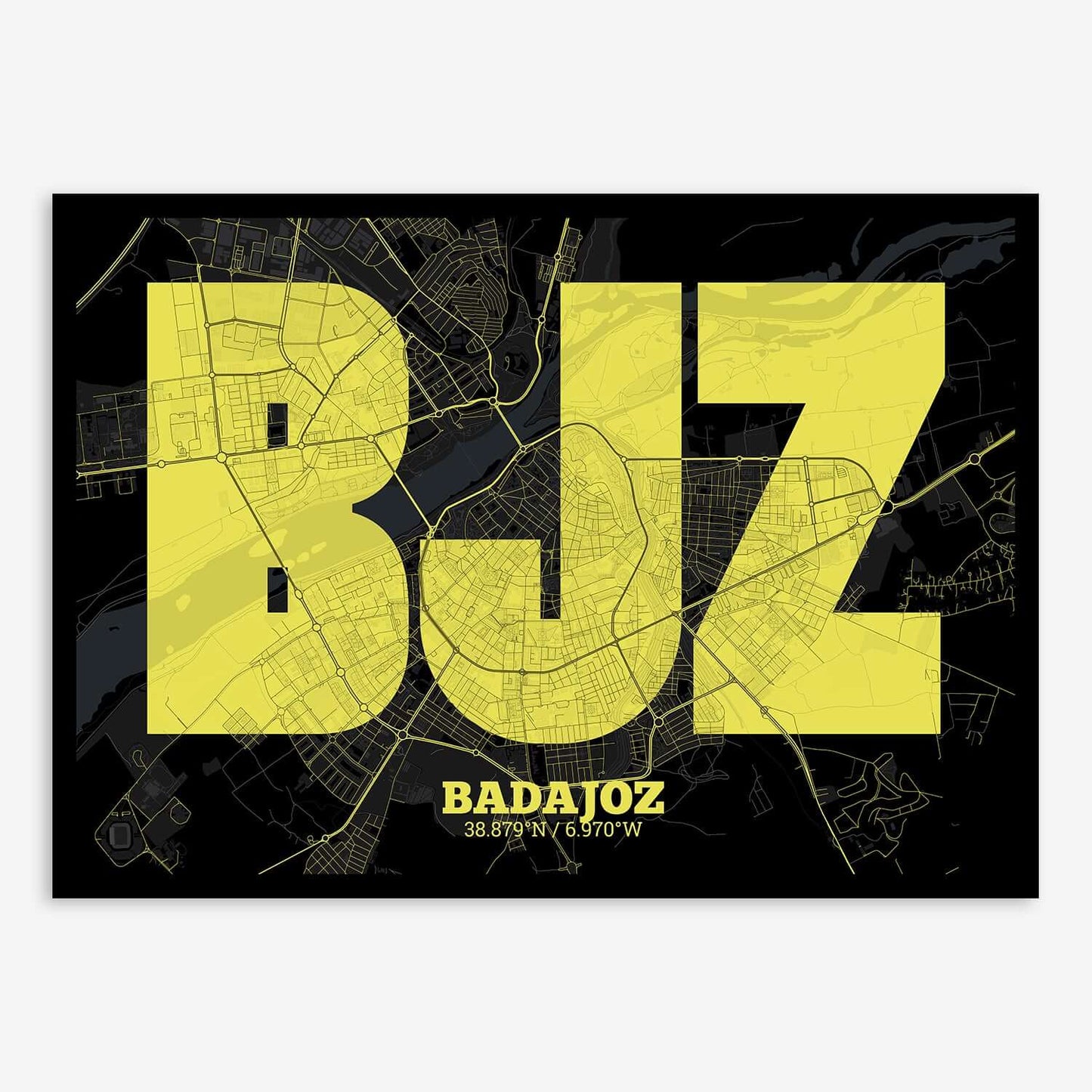 The map of Badajoz composed with letters in a heavy geometric font printed on black and yellow