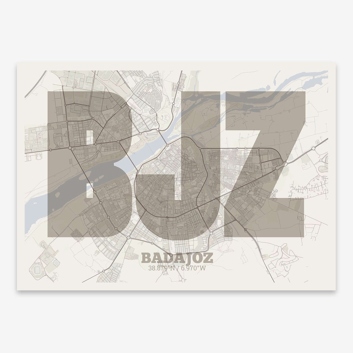 The map of Badajoz composed with letters in a heavy geometric font printed on light brown and an off-white background
