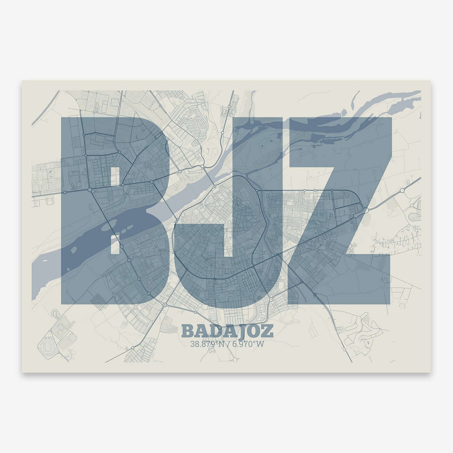The map of Badajoz composed with letters in a heavy geometric font printed on bluish gray and an off-white background
