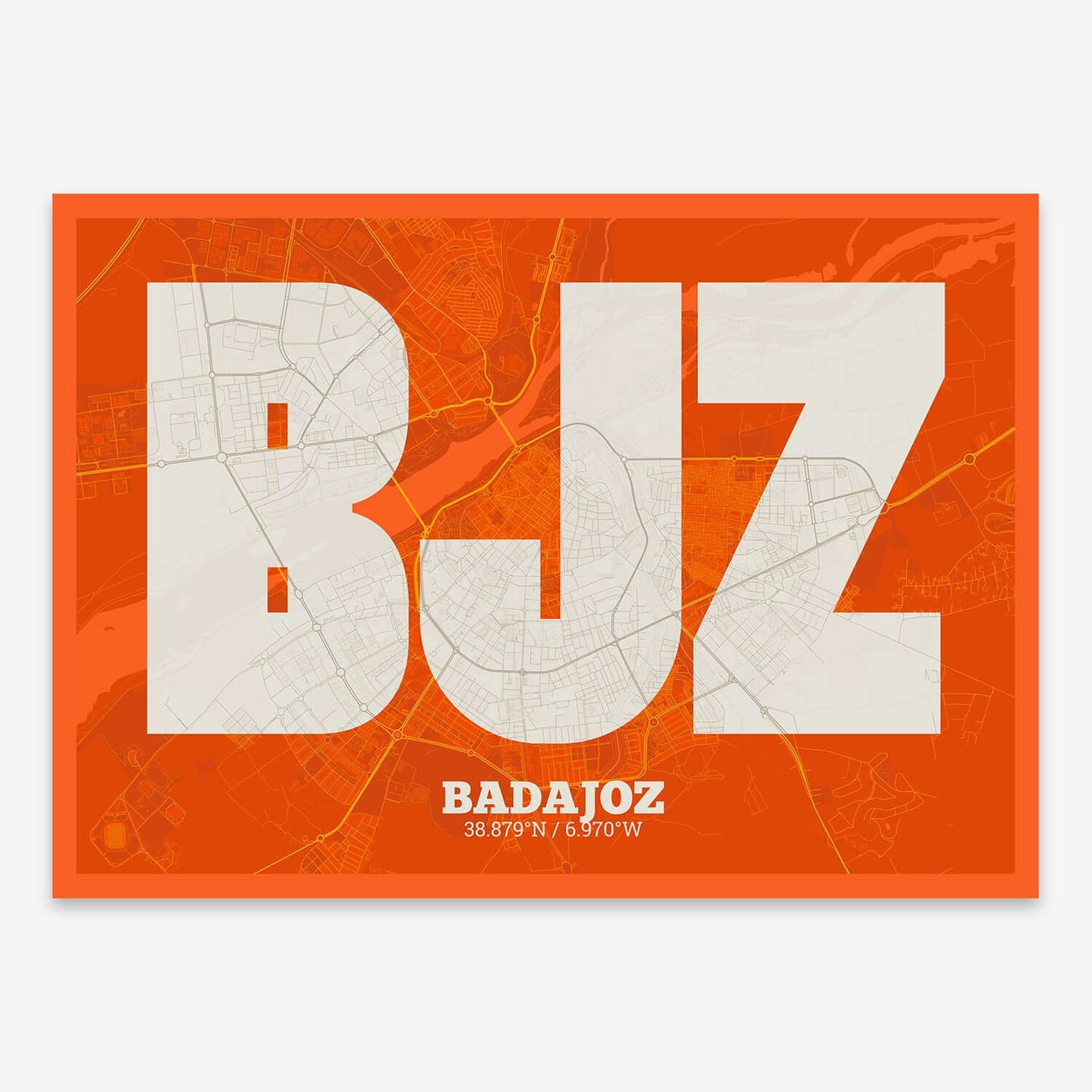 The map of Badajoz composed with letters in a heavy geometric font printed on orange and an off-white background