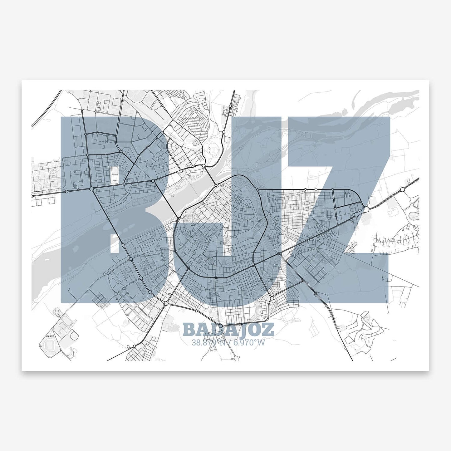 The map of Badajoz composed with letters in a heavy geometric font printed on black and white