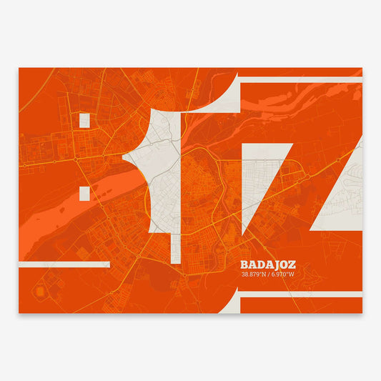 The map of Badajoz composed with letters from its name or IATA code printed on orange and an off-white background
