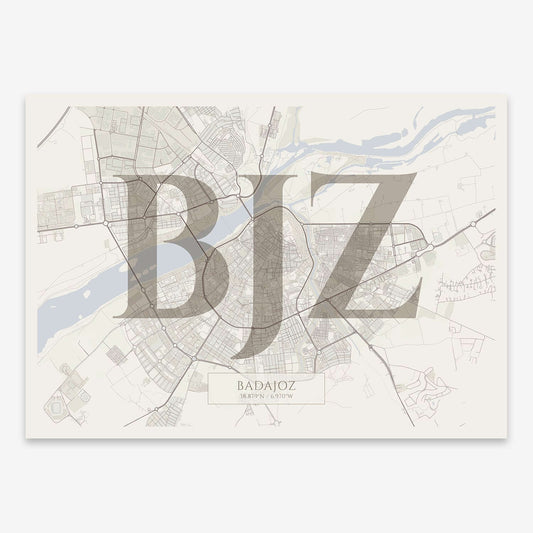 The map of Badajoz composed with letters in serif font printed on light brown and an off-white background