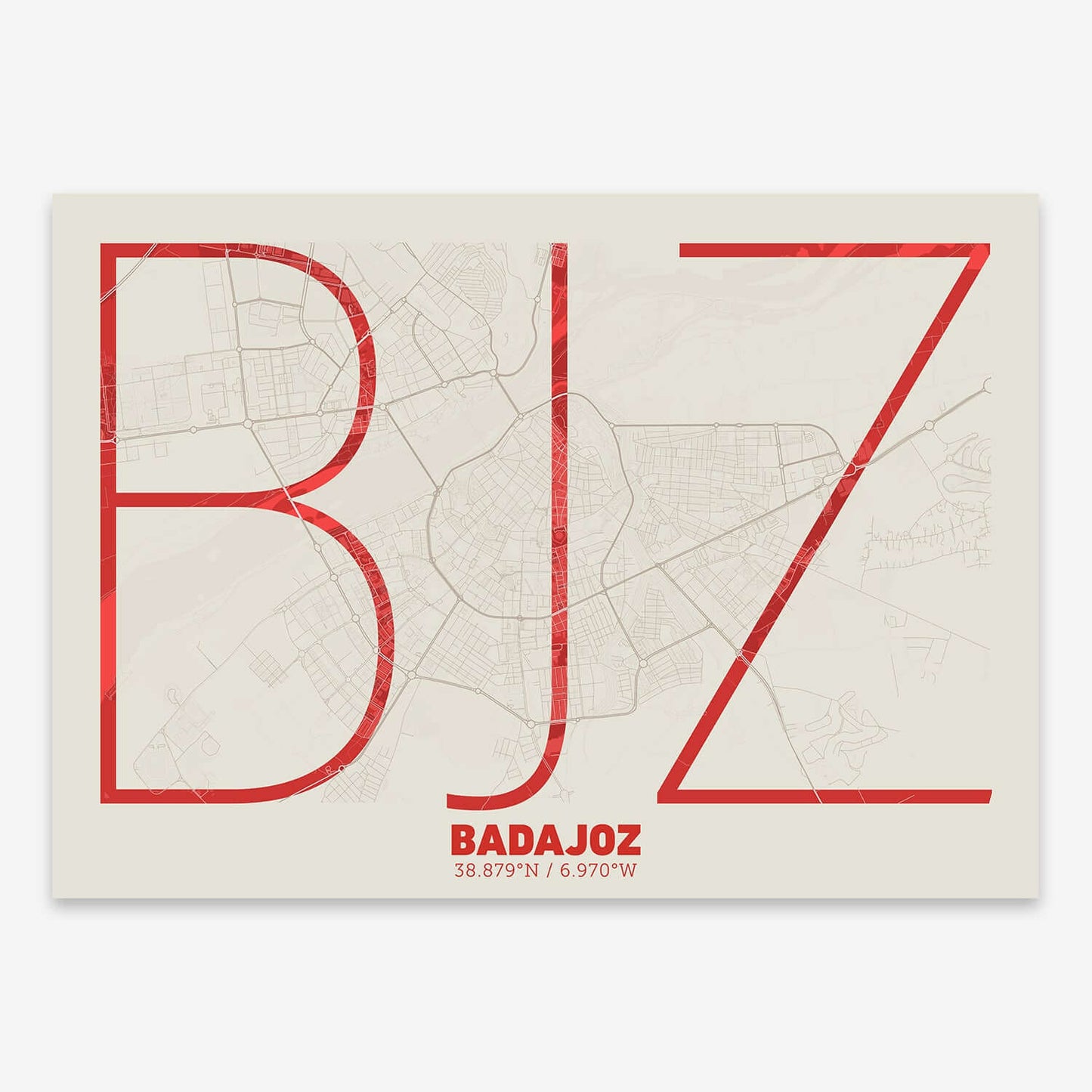 The map of Badajoz composed with letters in extra light font printed on red and an off-white background