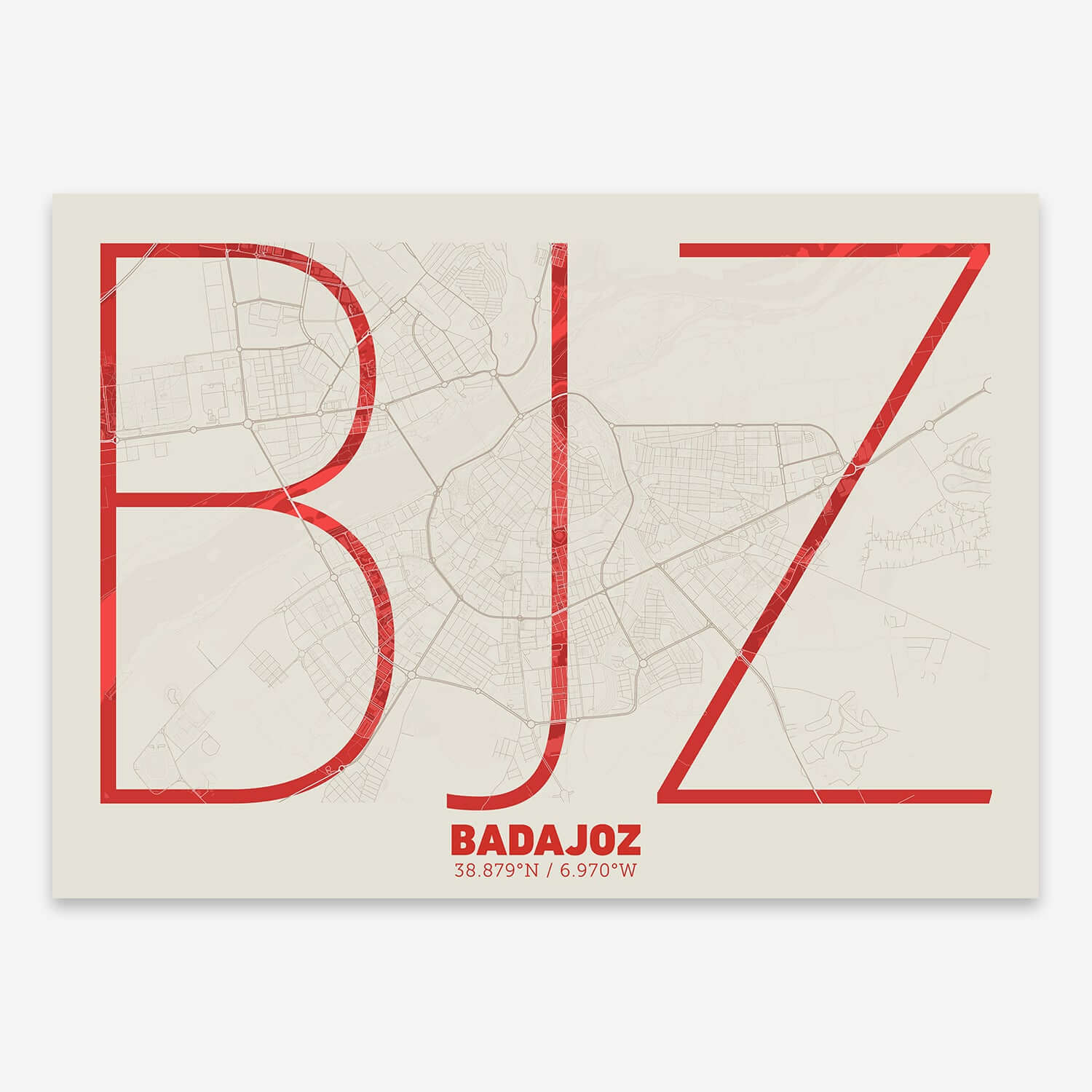 The map of Badajoz composed with letters in extra light font printed on red and an off-white background