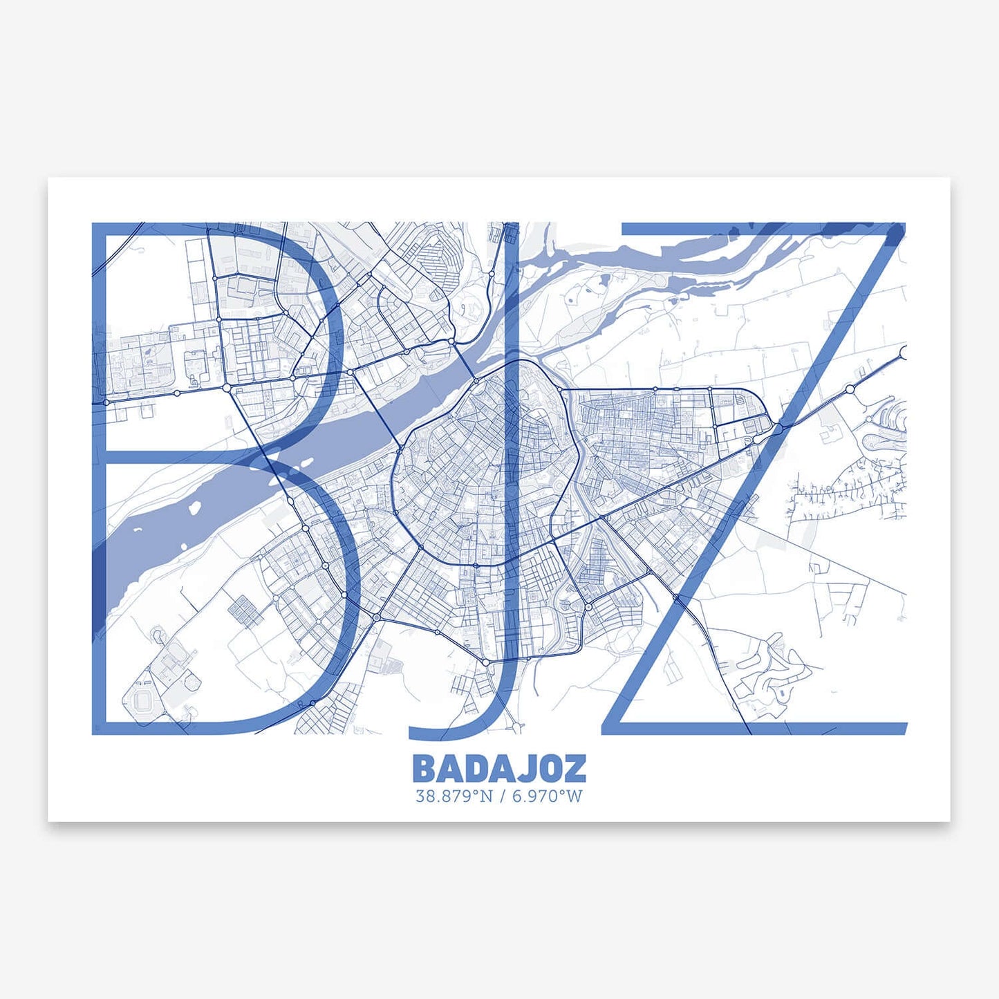 The map of Badajoz composed with letters in extra light font printed on navy blue and white