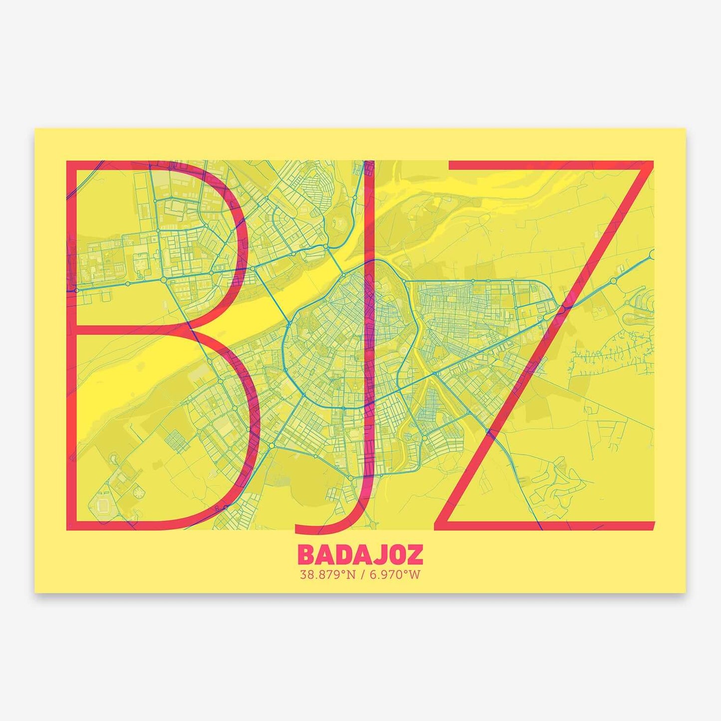 The map of Badajoz composed with letters in extra light font printed on yellow and fuchsia