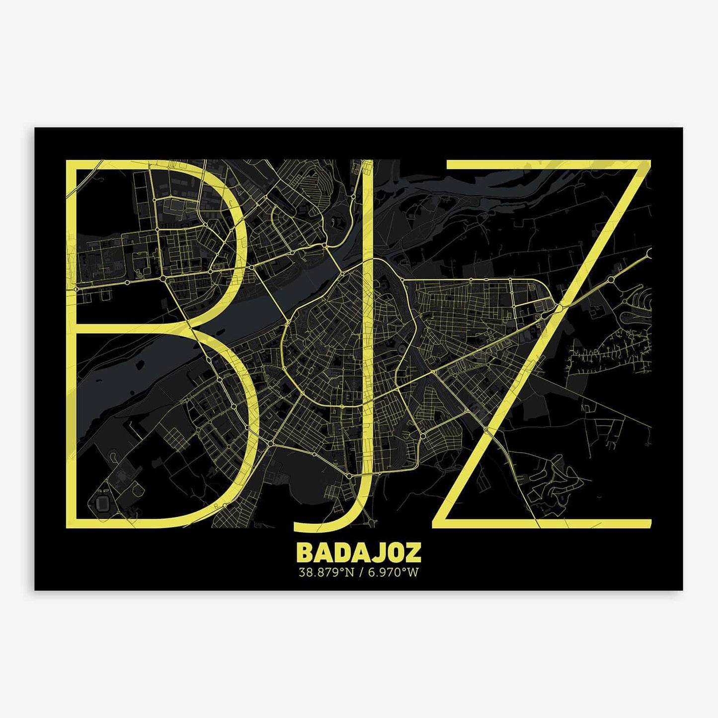 The map of Badajoz composed with letters in extra light font printed on black and yellow