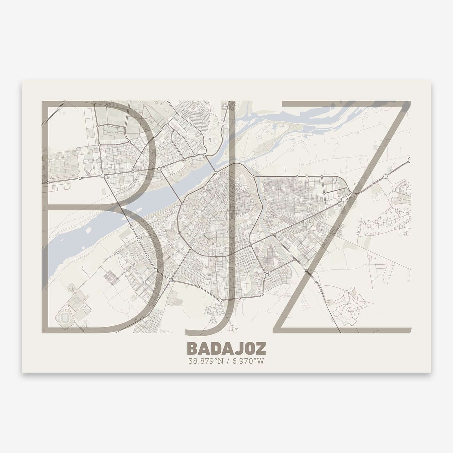The map of Badajoz composed with letters in extra light font printed on light brown and an off-white background