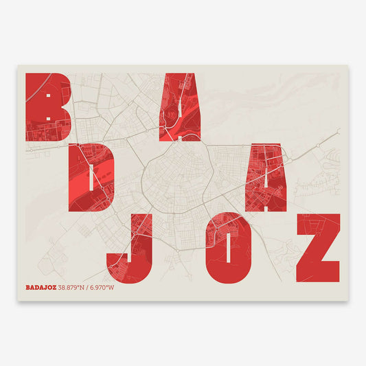 The map of Badajoz with letters of its name placed randomly, designed in red and an off-white background