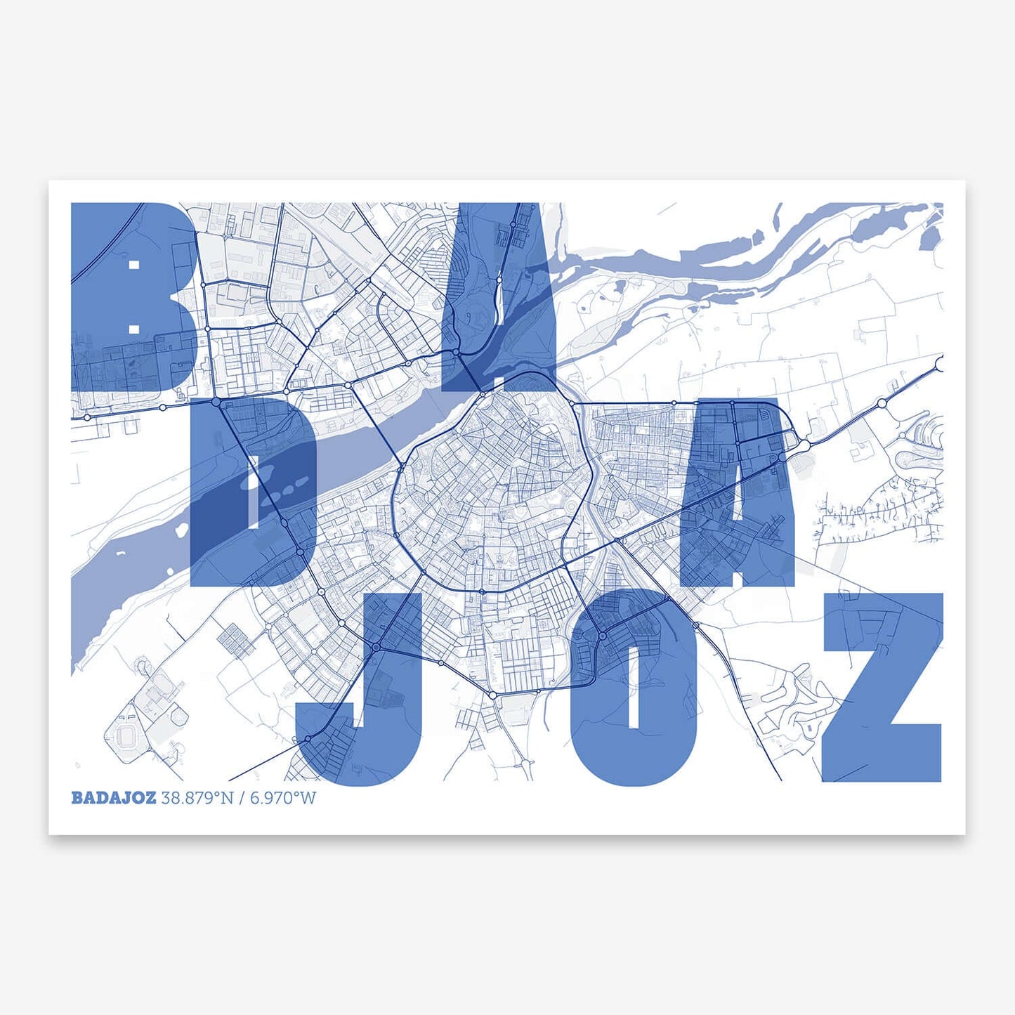 The map of Badajoz with letters of its name placed randomly, designed in navy blue and white