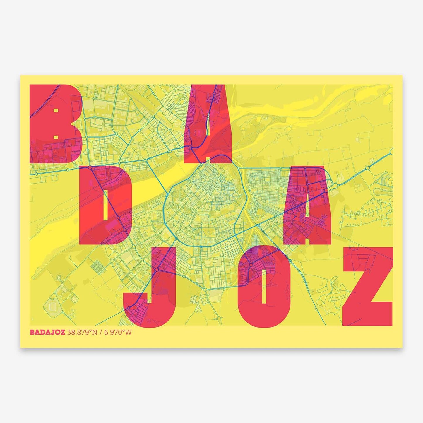 The map of Badajoz with letters of its name placed randomly, designed in yellow and fuchsia