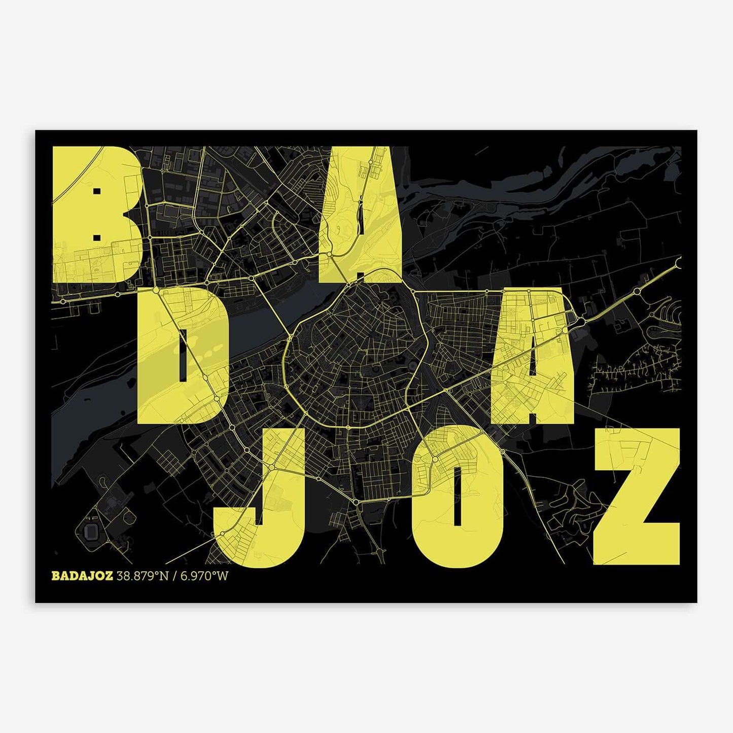 The map of Badajoz with letters of its name placed randomly, designed in black and yellow