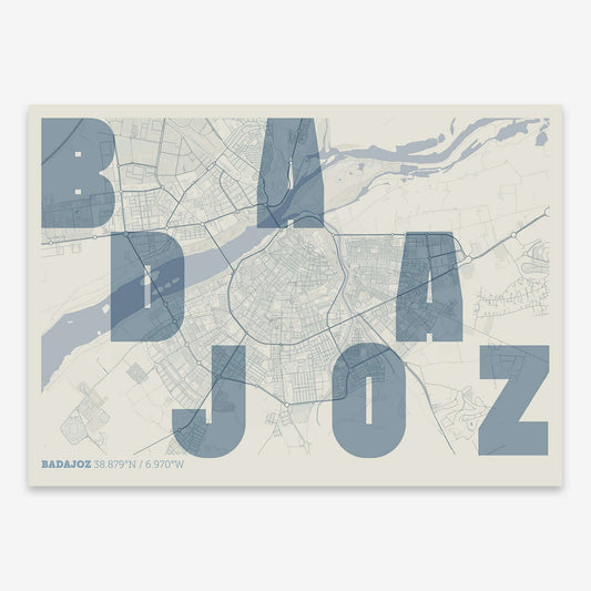 The map of Badajoz with letters of its name placed randomly, designed in bluish gray and an off-white background