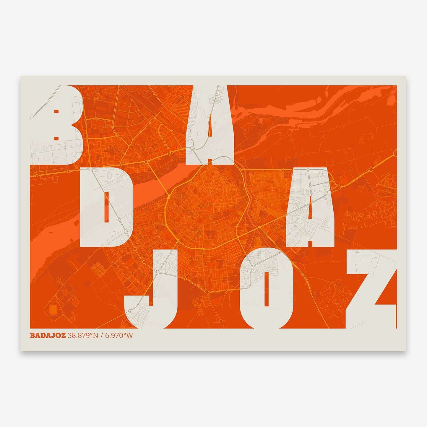 The map of Badajoz with letters of its name placed randomly, designed in orange and an off-white background