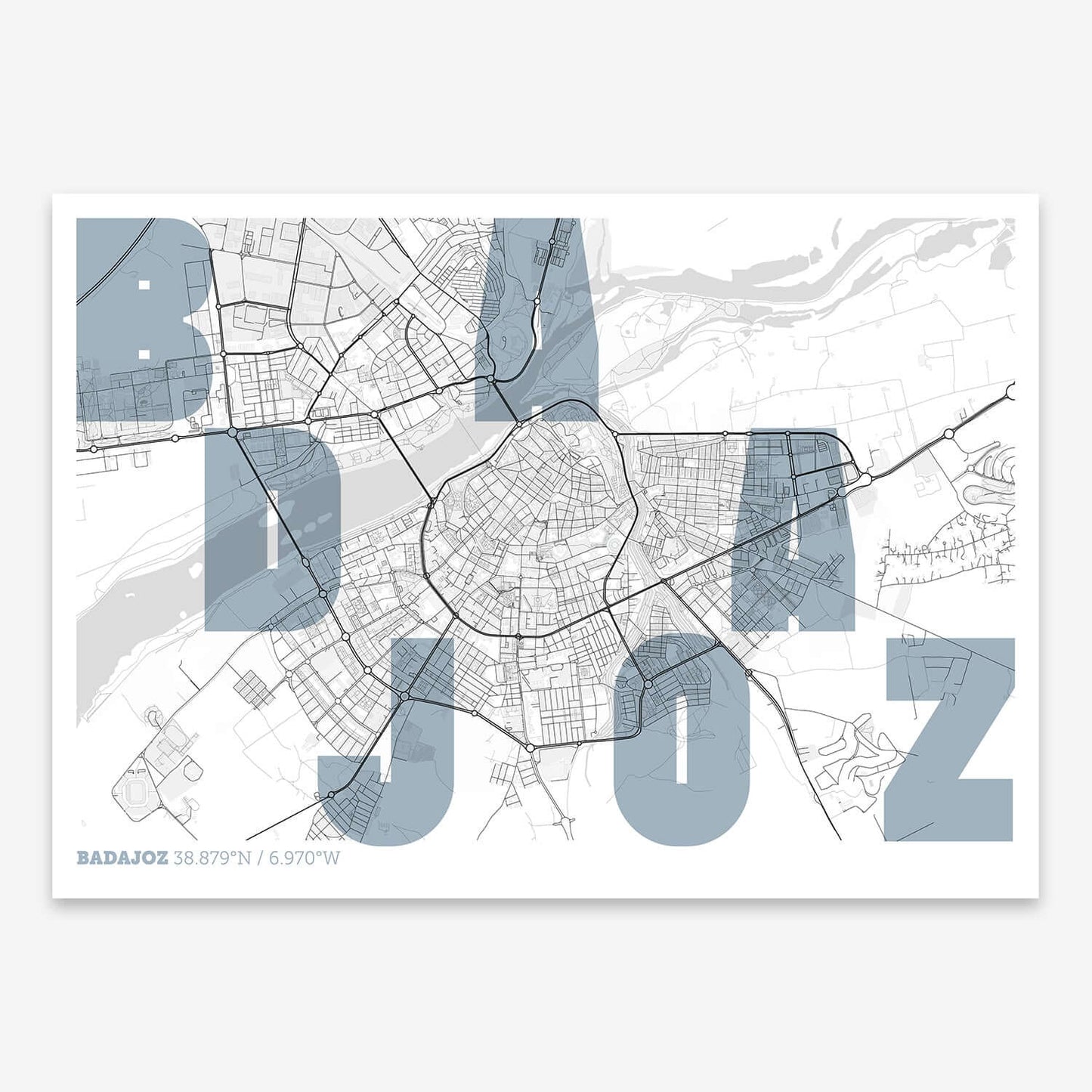 The map of Badajoz with letters of its name placed randomly, designed in black and white