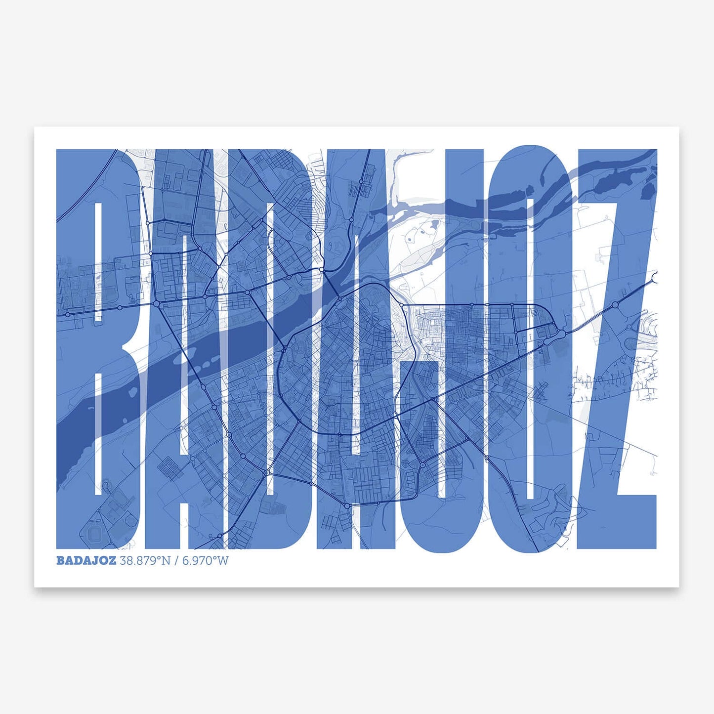 The map of Badajoz and letters of its name in a giclée print designed in navy blue and white