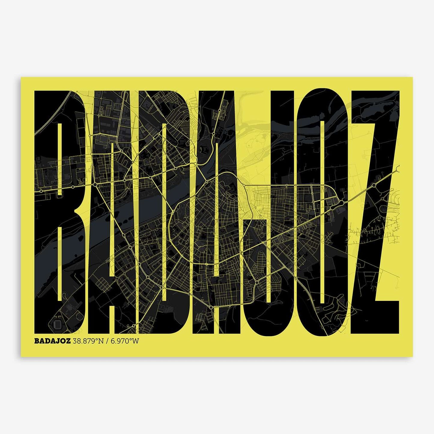 The map of Badajoz and letters of its name in a giclée print designed in black and yellow