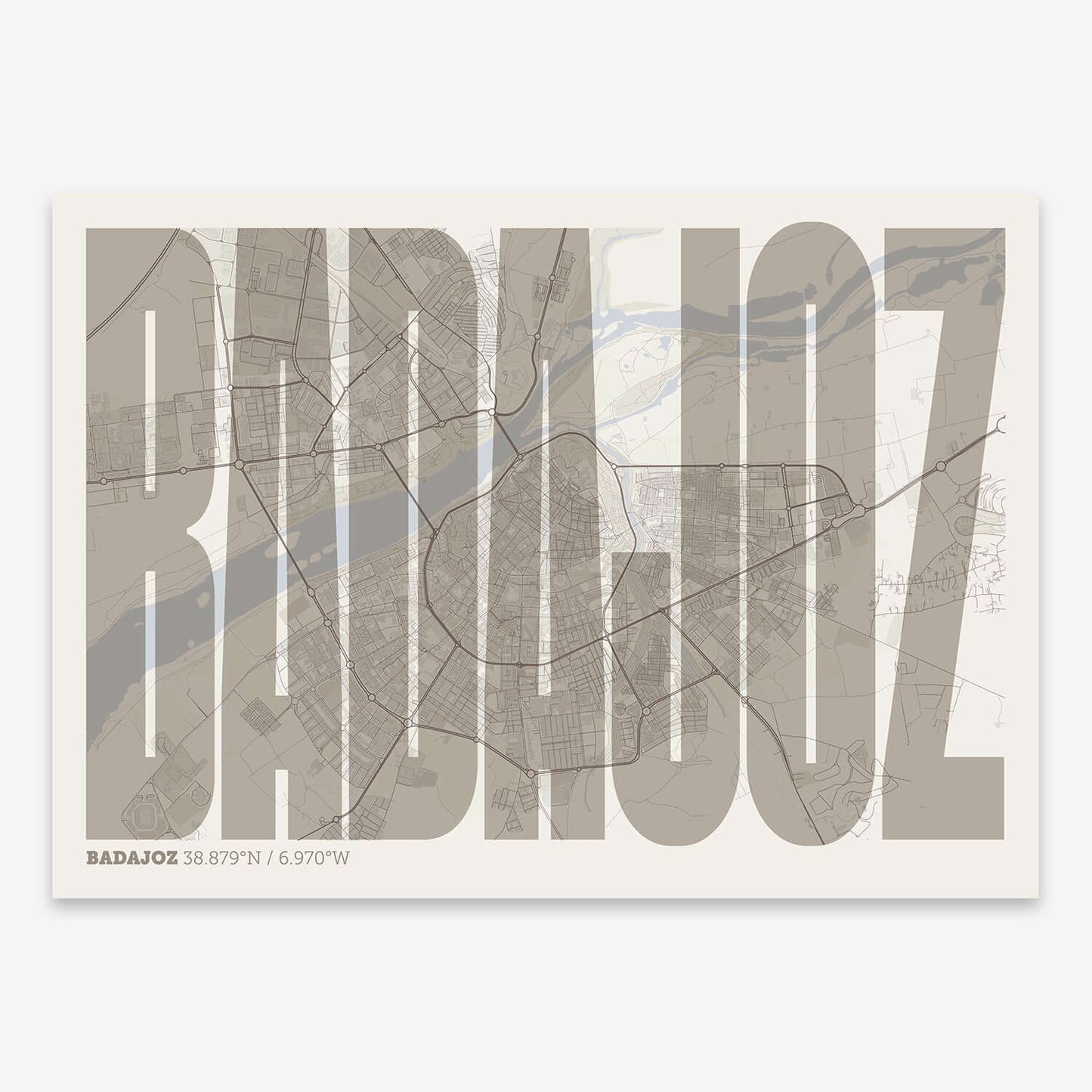 The map of Badajoz and letters of its name in a giclée print designed in light brown and an off-white background