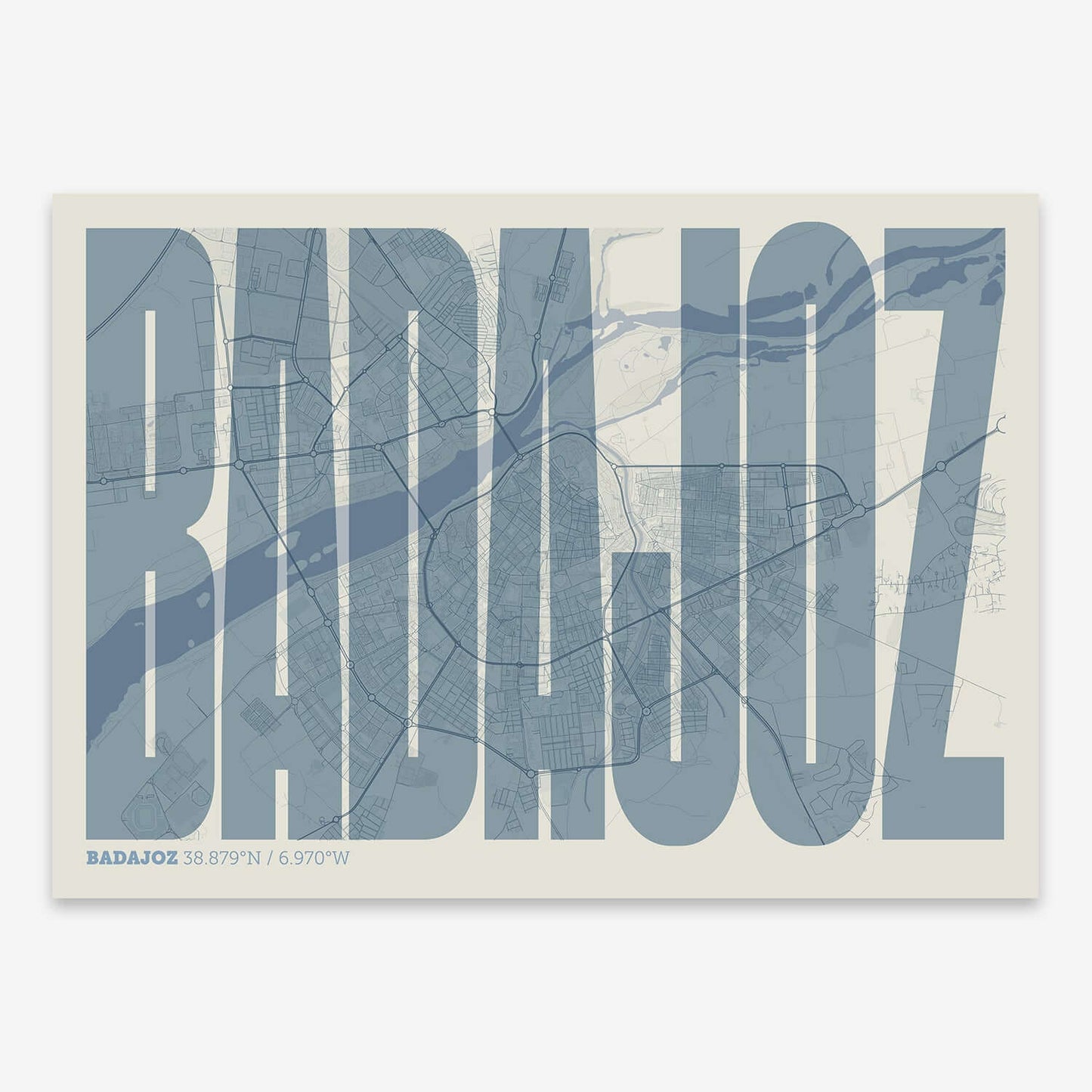 The map of Badajoz and letters of its name in a giclée print designed in bluish gray and an off-white background