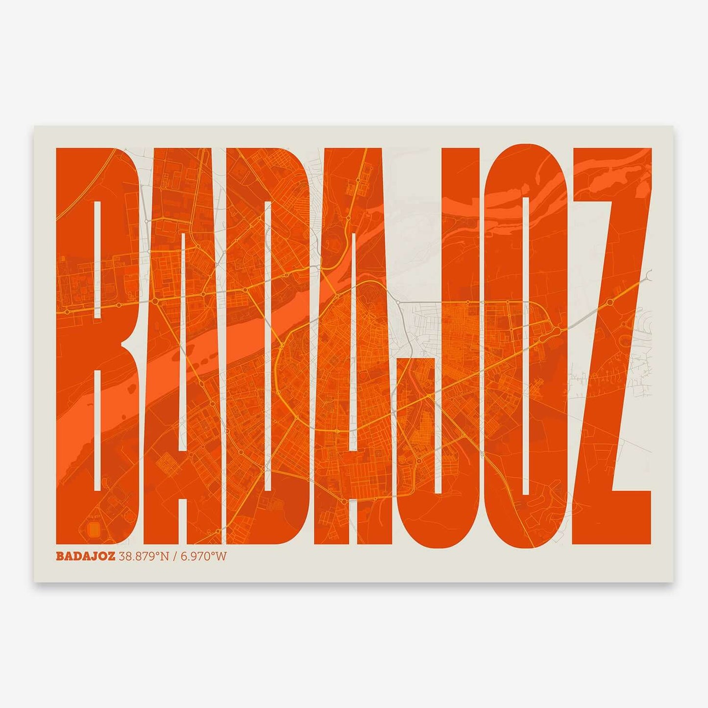 The map of Badajoz and letters of its name in a giclée print designed in orange and an off-white background