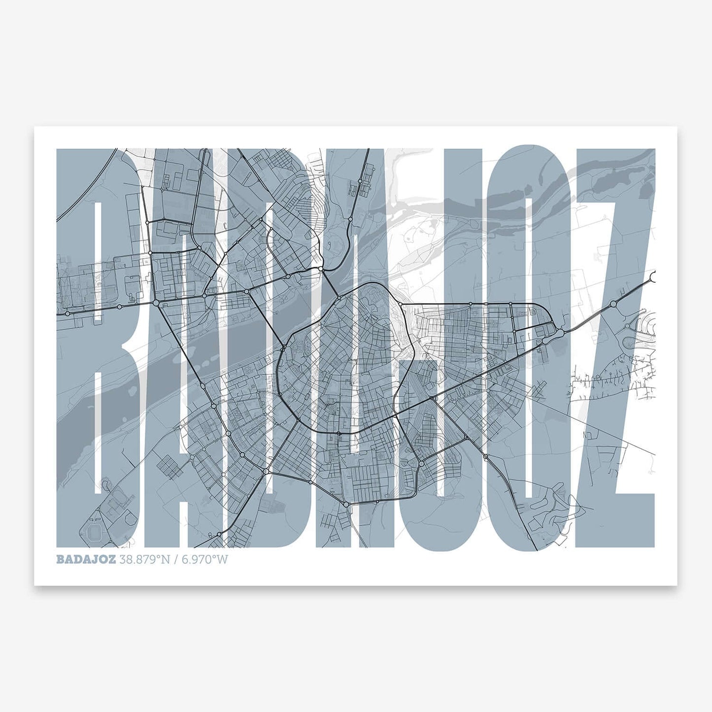 The map of Badajoz and letters of its name in a giclée print designed in black and white