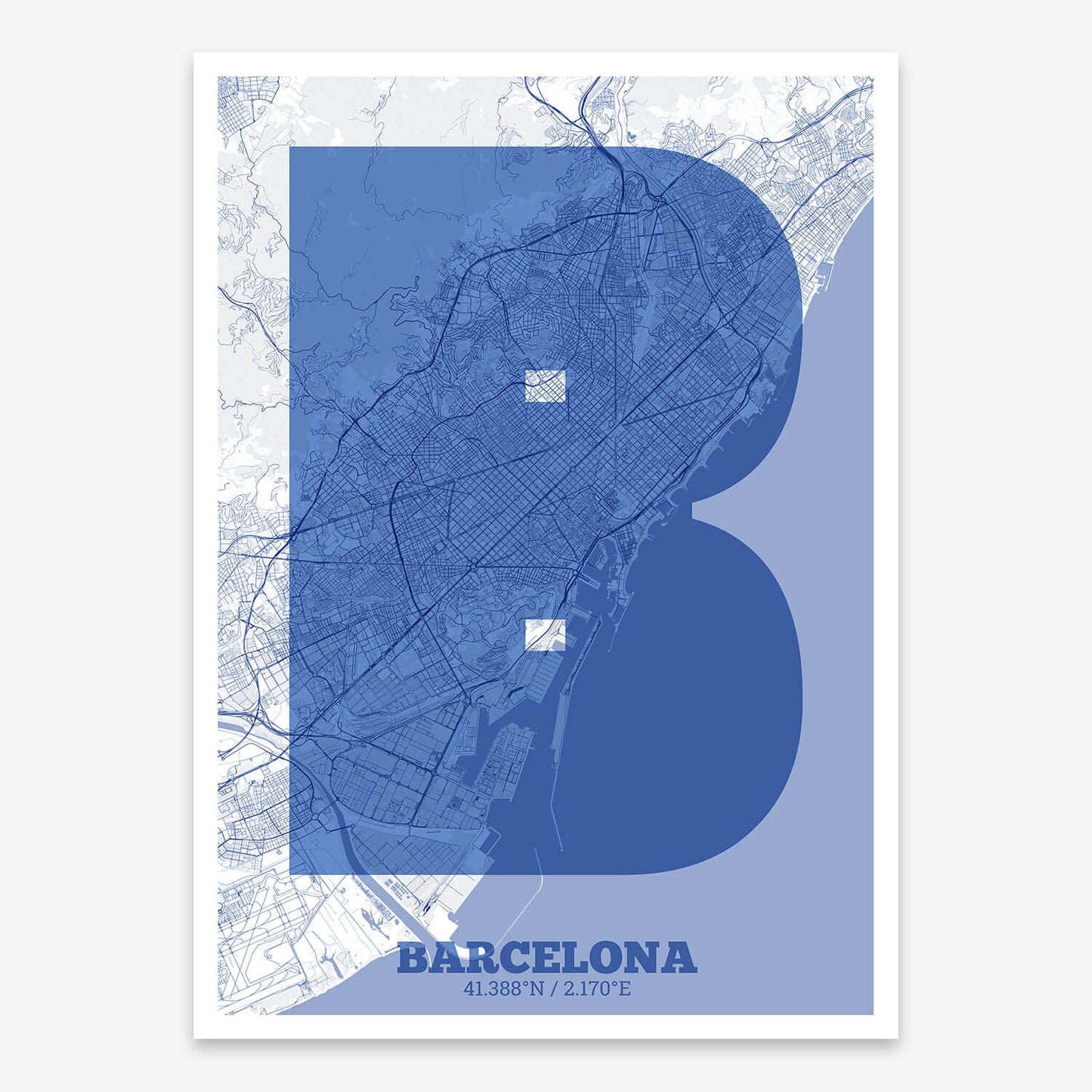 The map of Barcelona composed with letters in a heavy geometric font printed on yellow and fuchsia