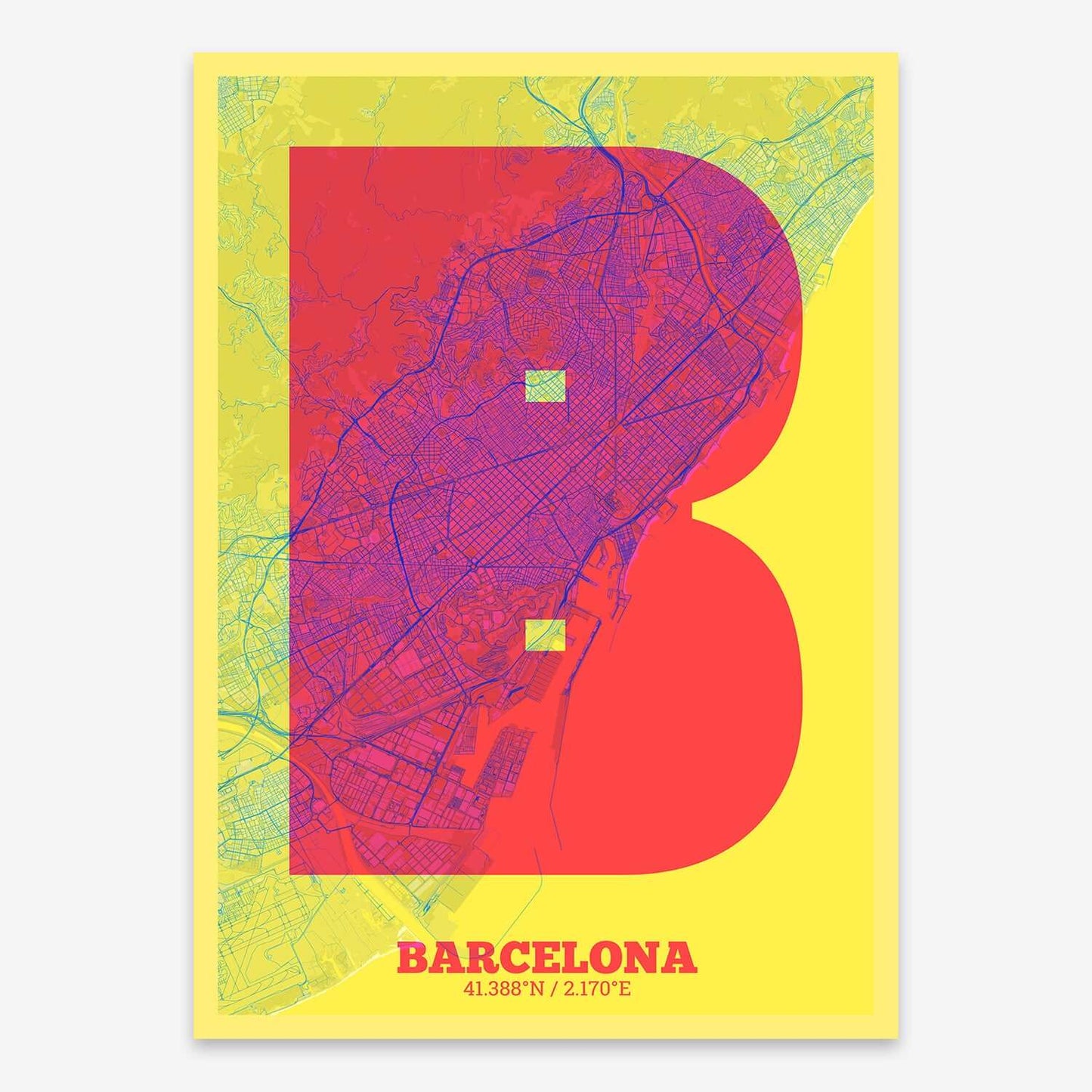 The map of Barcelona composed with letters in a heavy geometric font printed on black and yellow