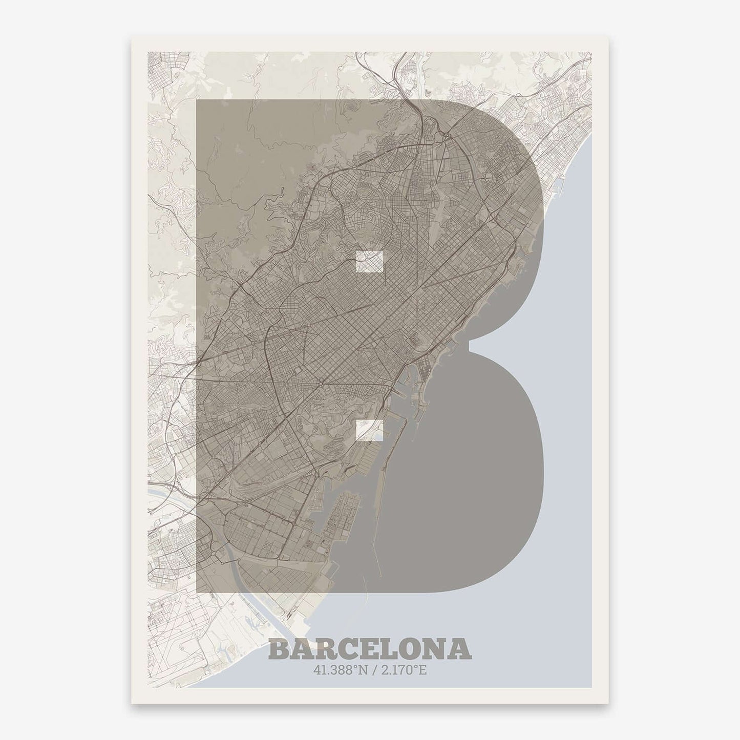 The map of Barcelona composed with letters in a heavy geometric font printed on light brown and an off-white background