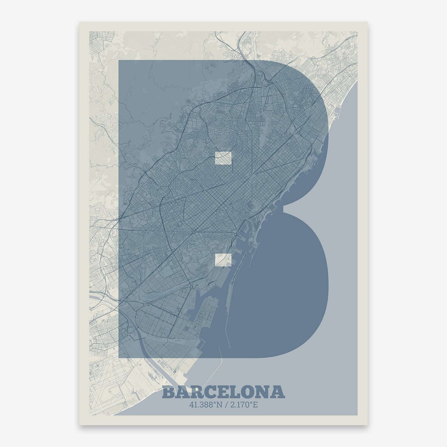 The map of Barcelona composed with letters in a heavy geometric font printed on bluish gray and an off-white background