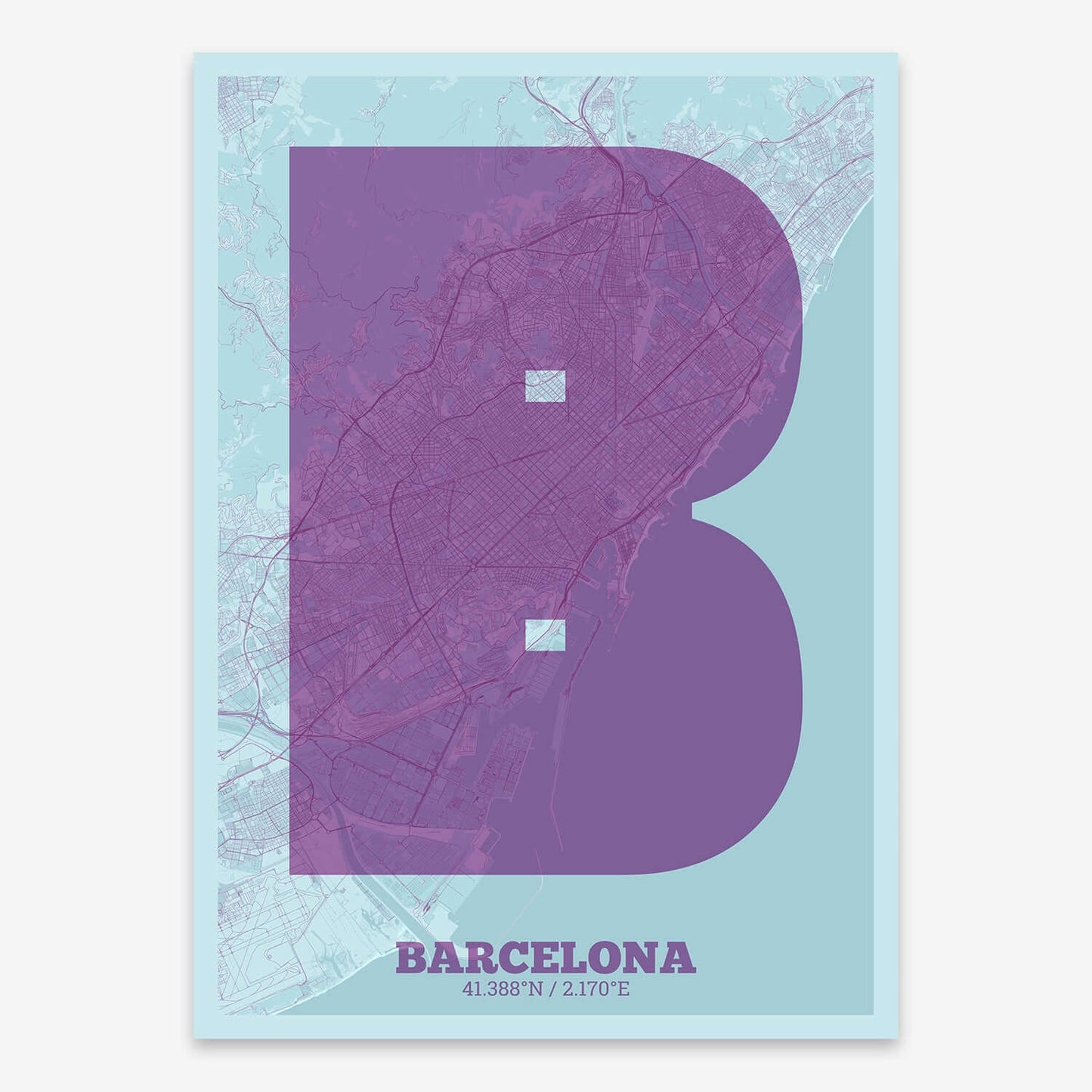 The map of Barcelona composed with letters in a heavy geometric font printed on red and an off-white background