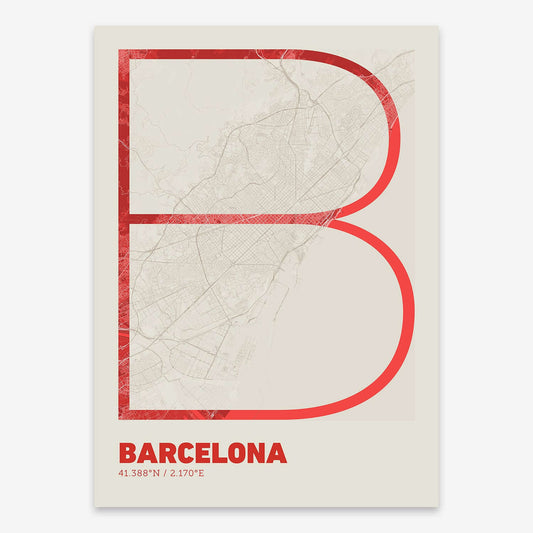 The map of Barcelona composed with letters in extra light font printed on red and an off-white background