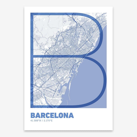 The map of Barcelona composed with letters in extra light font printed on navy blue and white