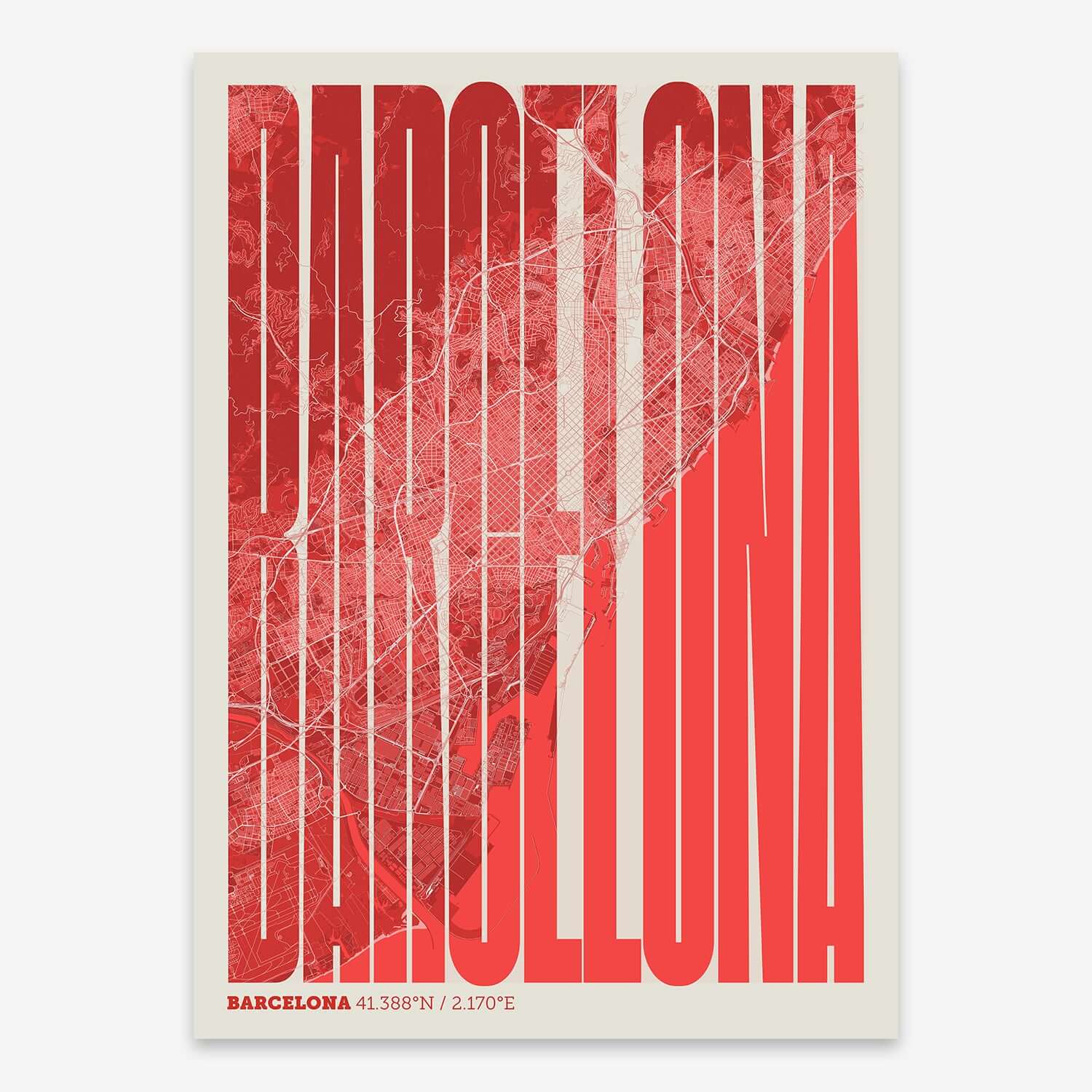 The map of Barcelona and letters of its name in a giclée print designed in two green tones