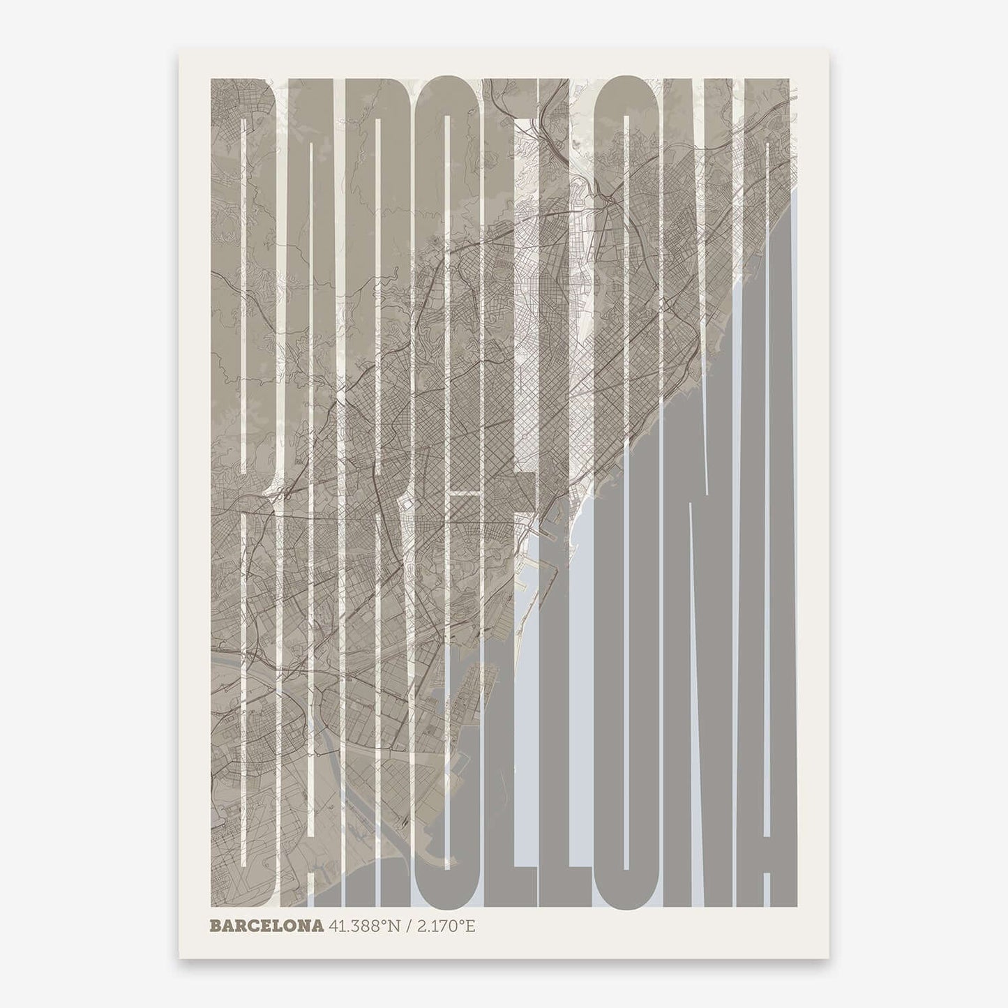 The map of Barcelona and letters of its name in a giclée print designed in bluish gray and an off-white background