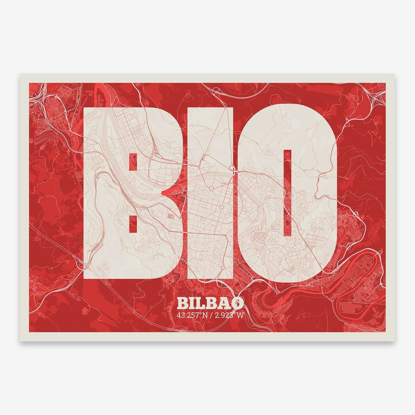 The map of Bilbao composed with letters in a heavy geometric font printed on red and an off-white background