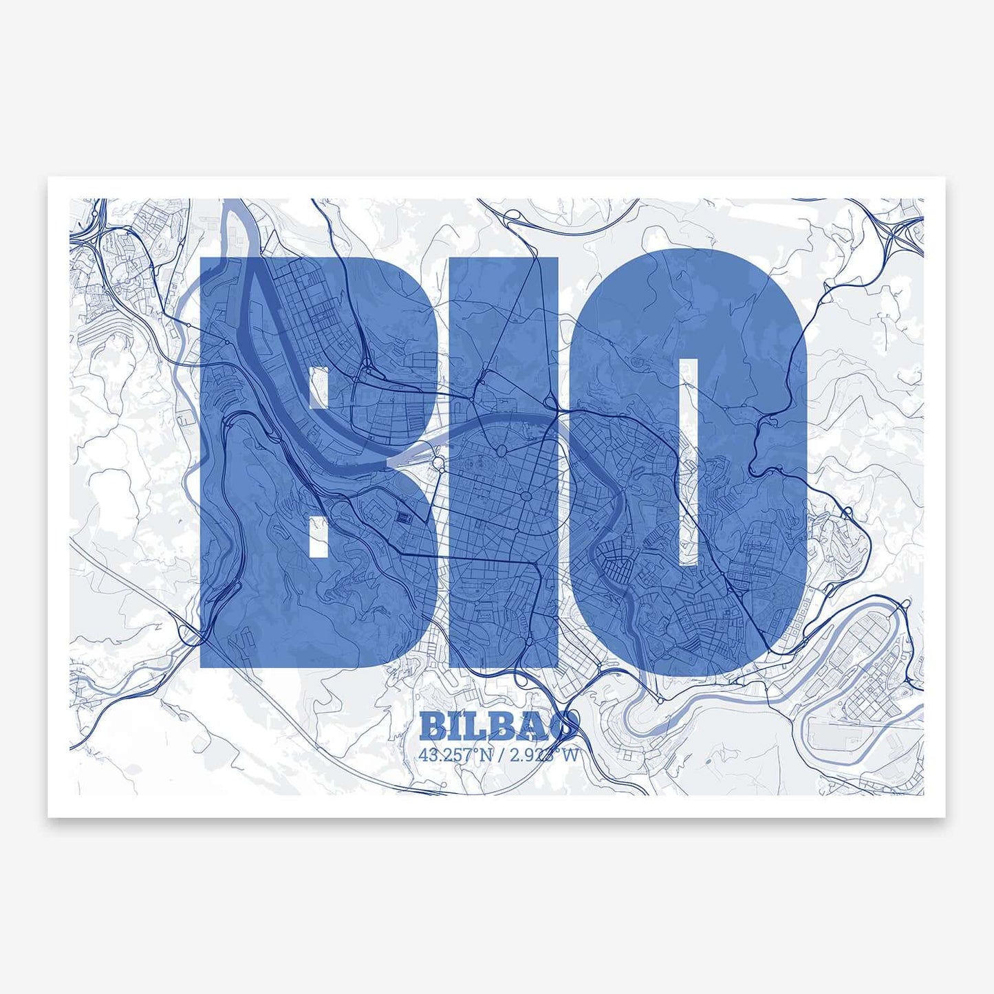 The map of Bilbao composed with letters in a heavy geometric font printed on navy blue and white