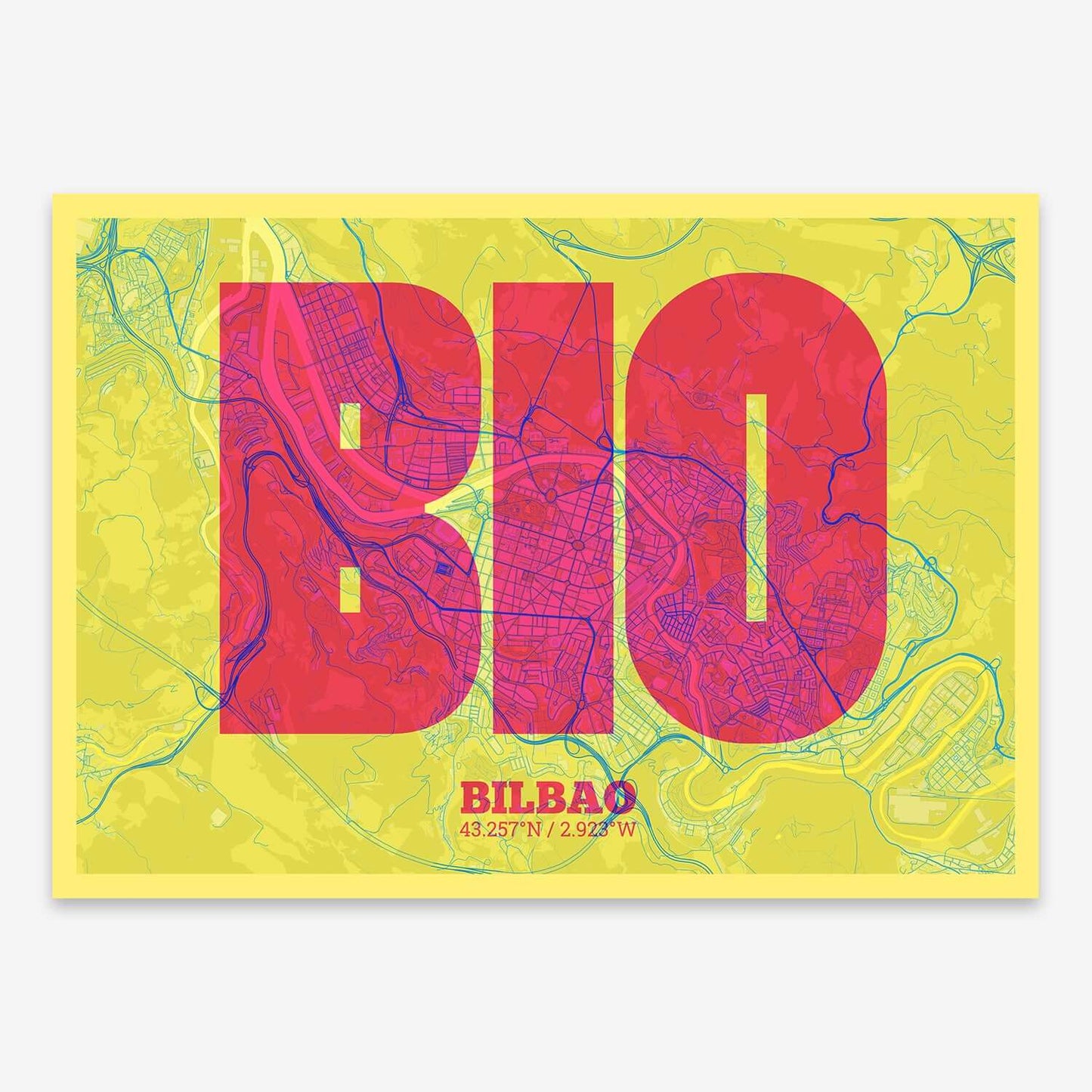 The map of Bilbao composed with letters in a heavy geometric font printed on yellow and fuchsia