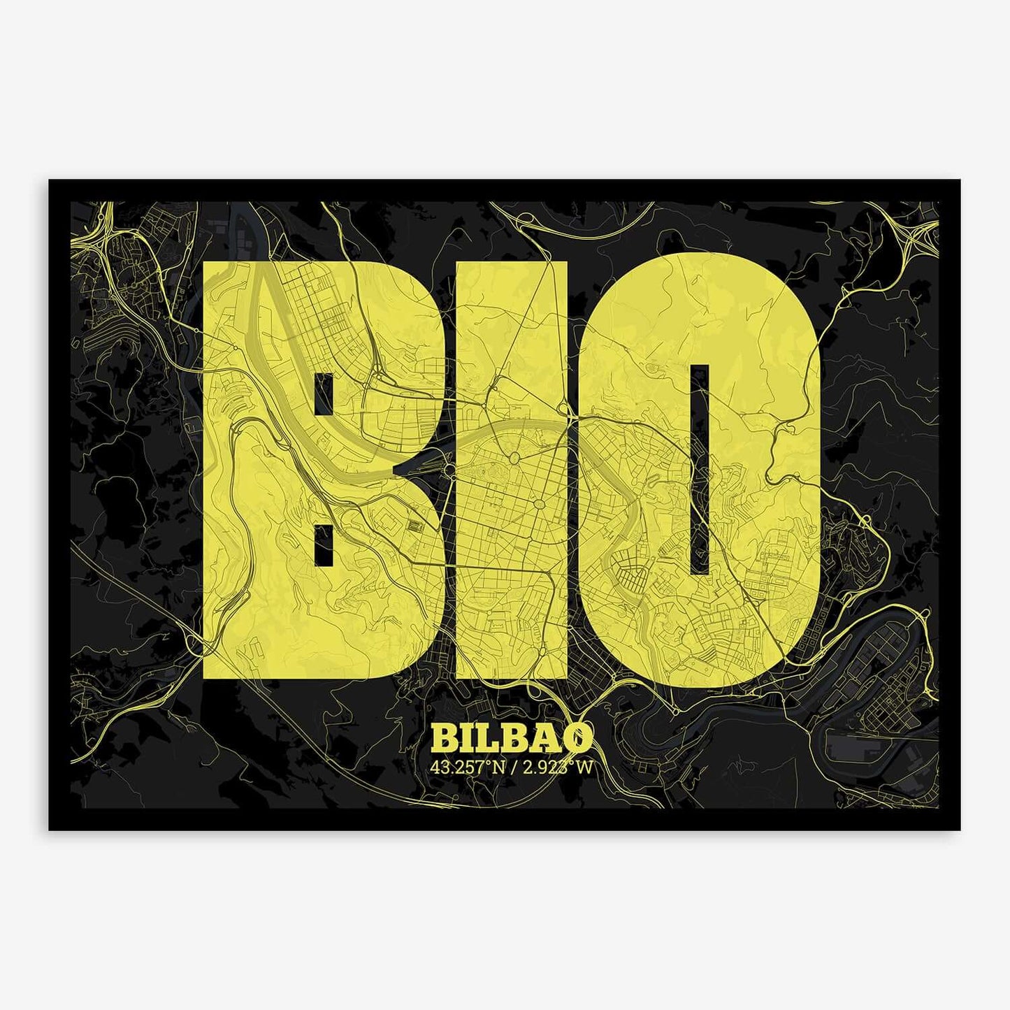 The map of Bilbao composed with letters in a heavy geometric font printed on black and yellow