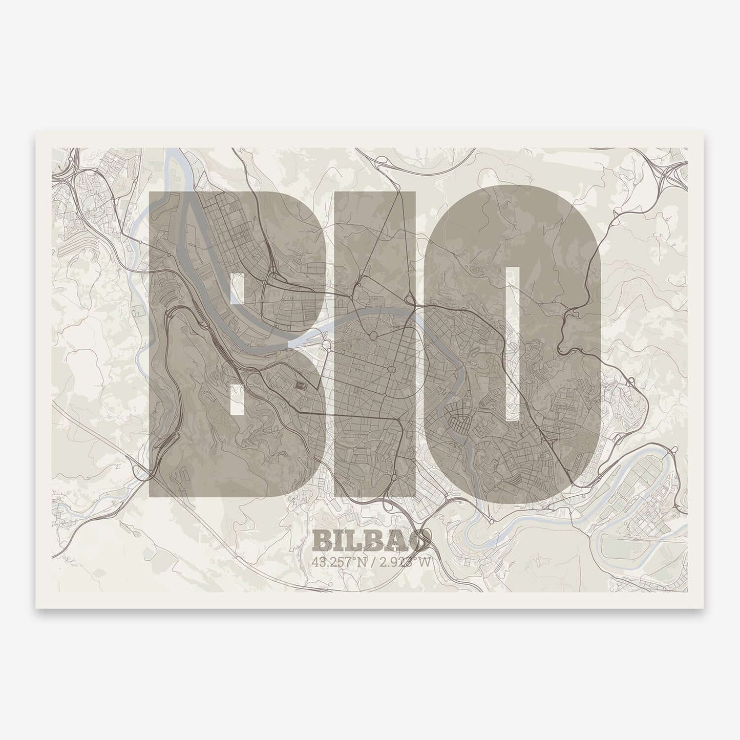 The map of Bilbao composed with letters in a heavy geometric font printed on light brown and an off-white background