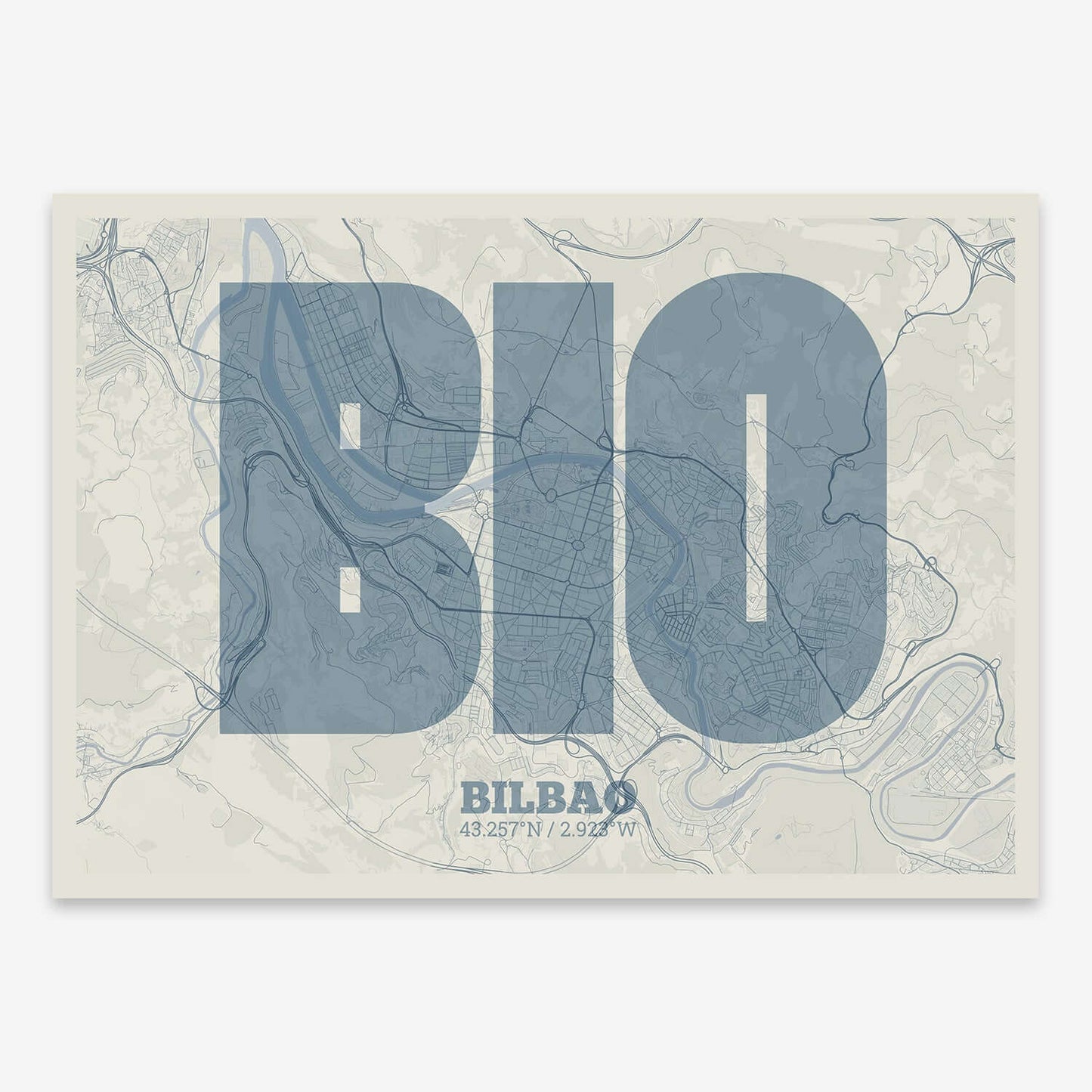 The map of Bilbao composed with letters in a heavy geometric font printed on bluish gray and an off-white background