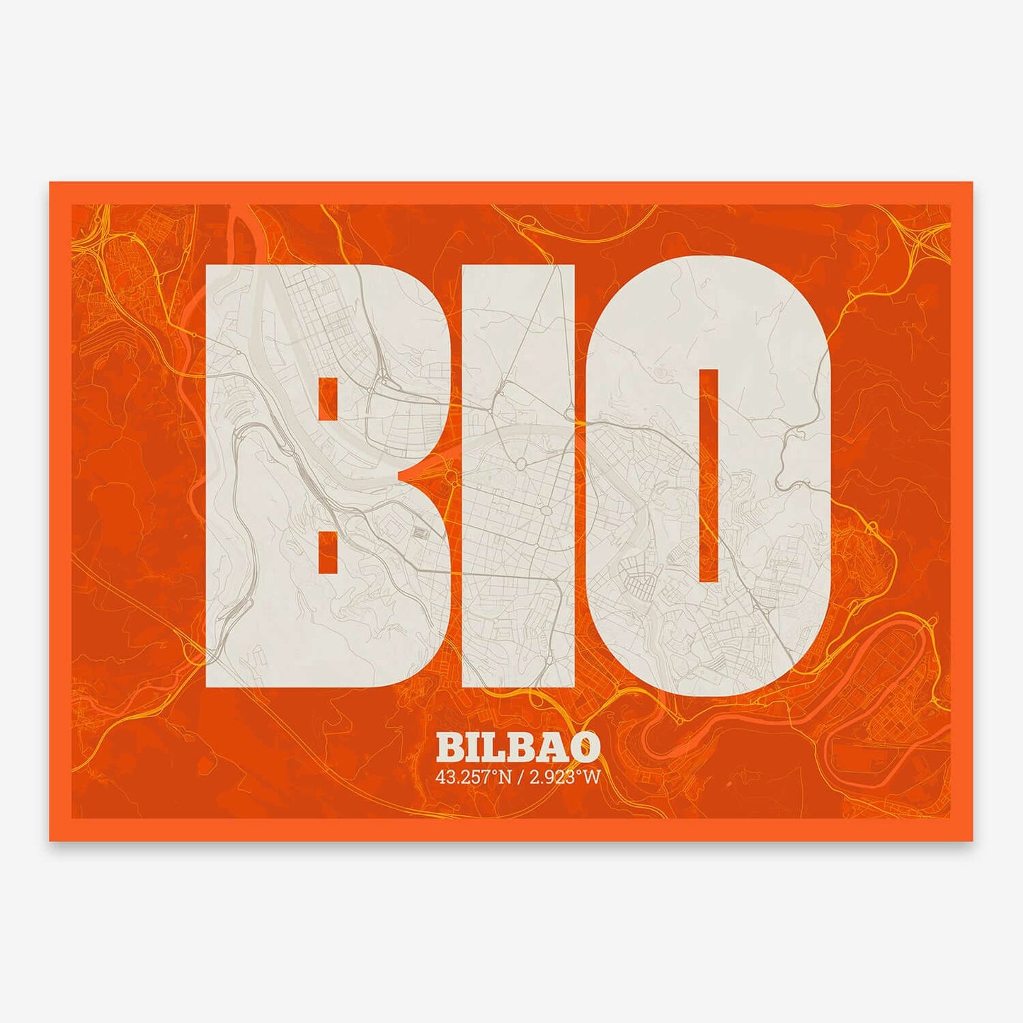 The map of Bilbao composed with letters in a heavy geometric font printed on orange and an off-white background