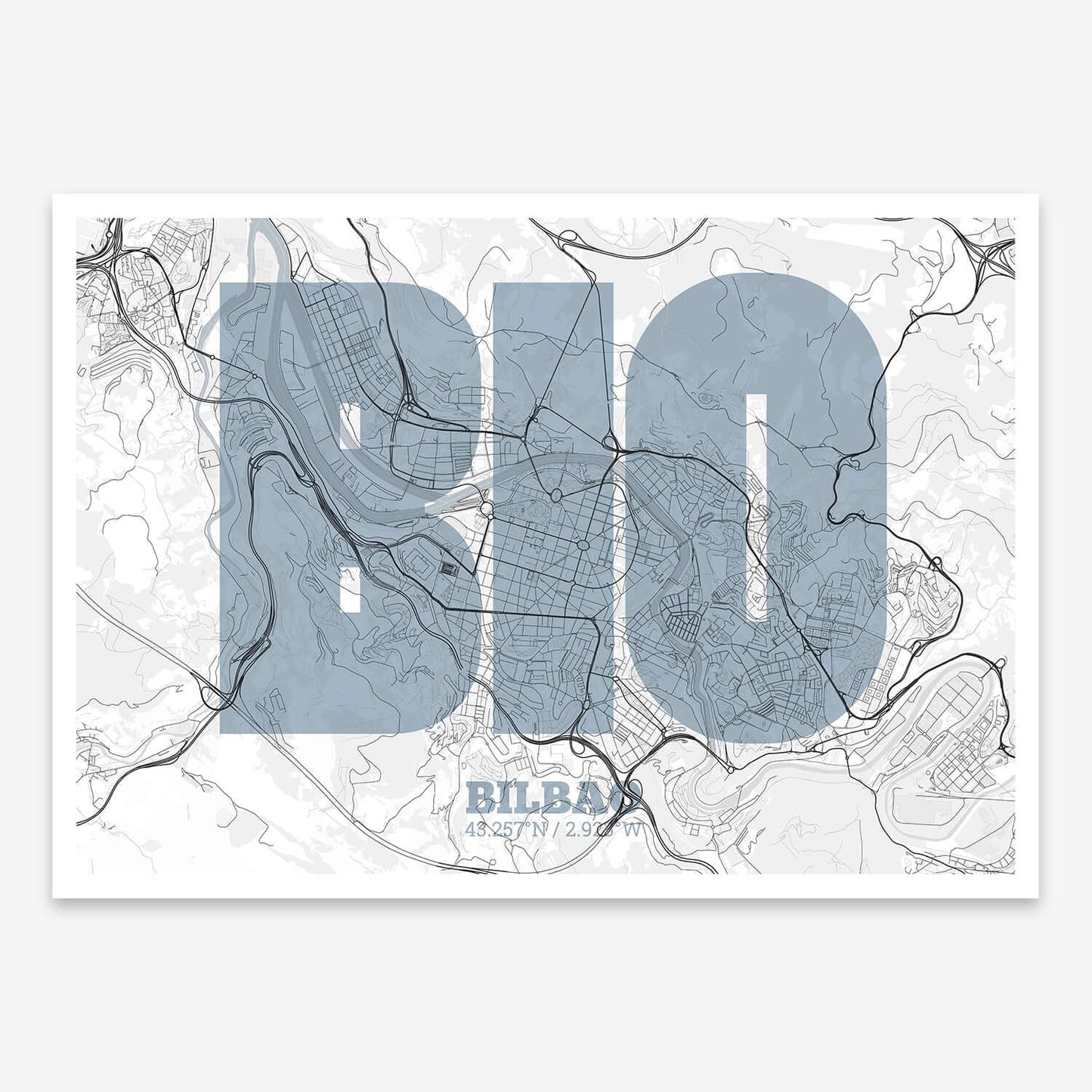 The map of Bilbao composed with letters in a heavy geometric font printed on black and white
