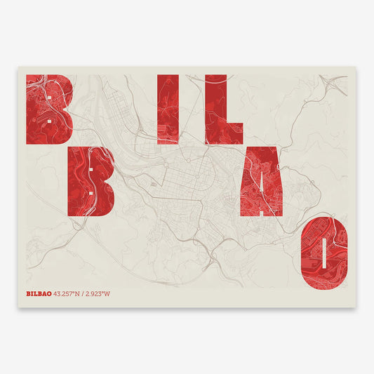 The map of Bilbao with letters of its name placed randomly, designed in red and an off-white background